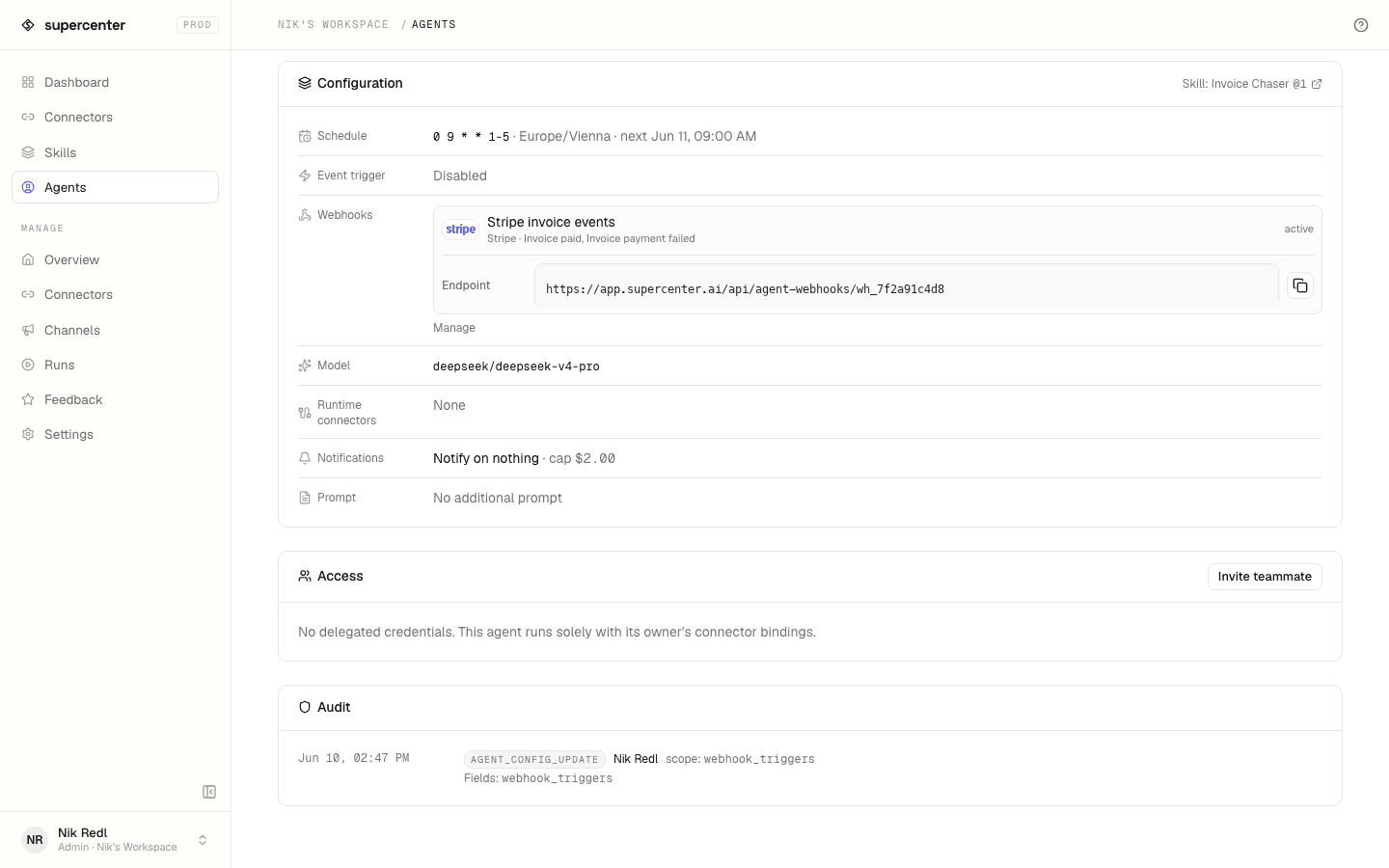 An agent's trigger configuration — schedule and events.