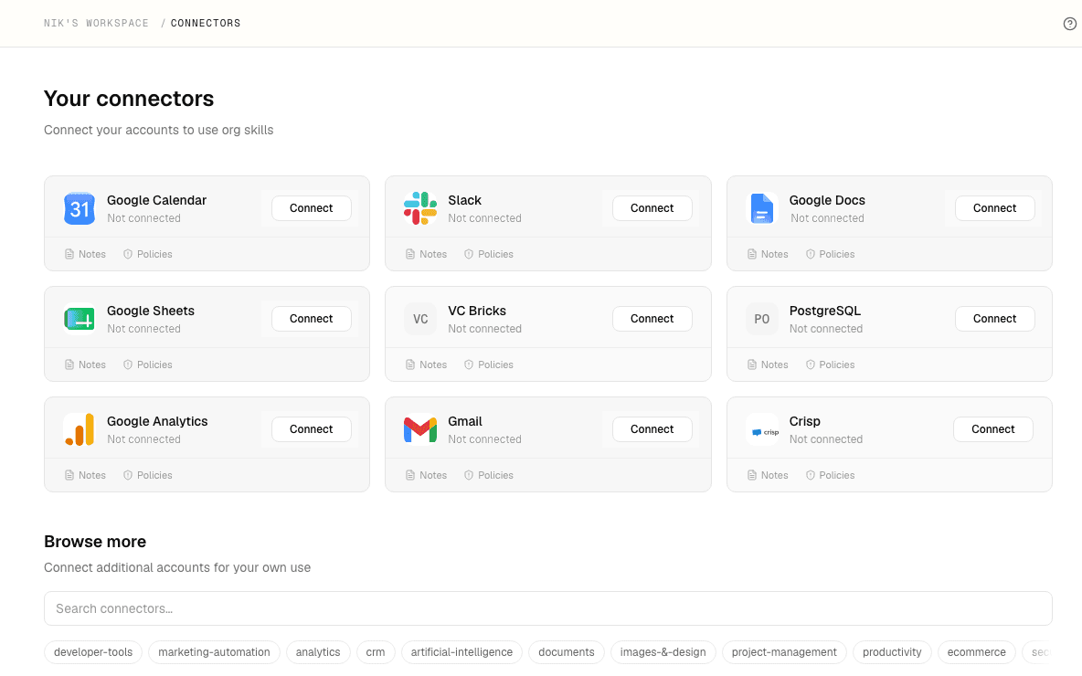 The connector catalog — search and connect from thousands of apps across email, CRM, support, finance and engineering.