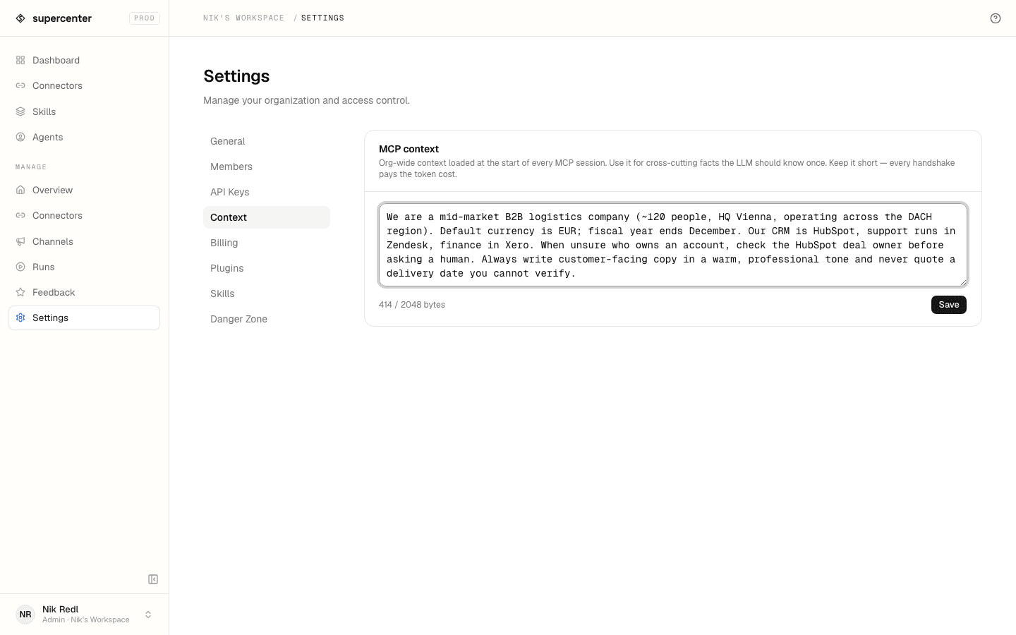 Org-wide context applied to every MCP session.