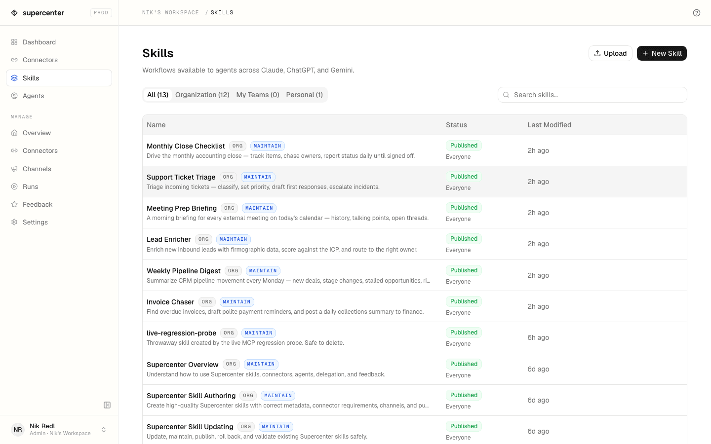 The skill library — published skills with their scope, status and last update.